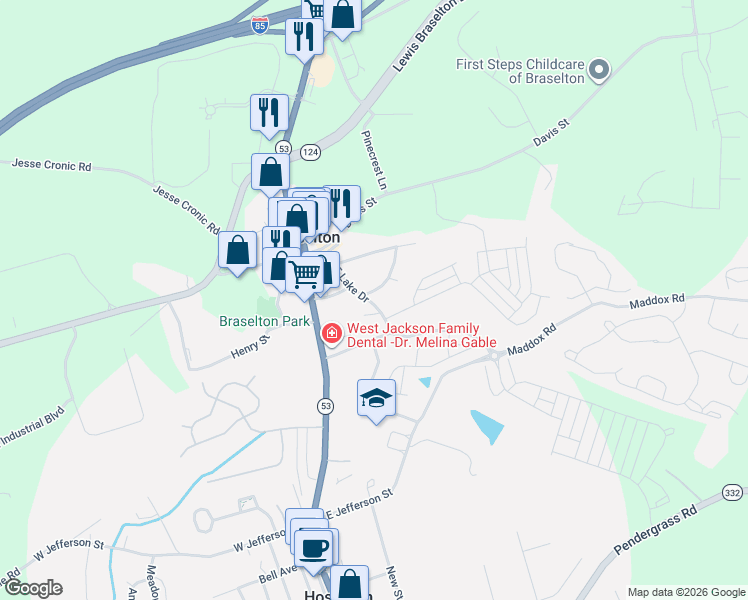map of restaurants, bars, coffee shops, grocery stores, and more near 189 East Lake Drive in Braselton