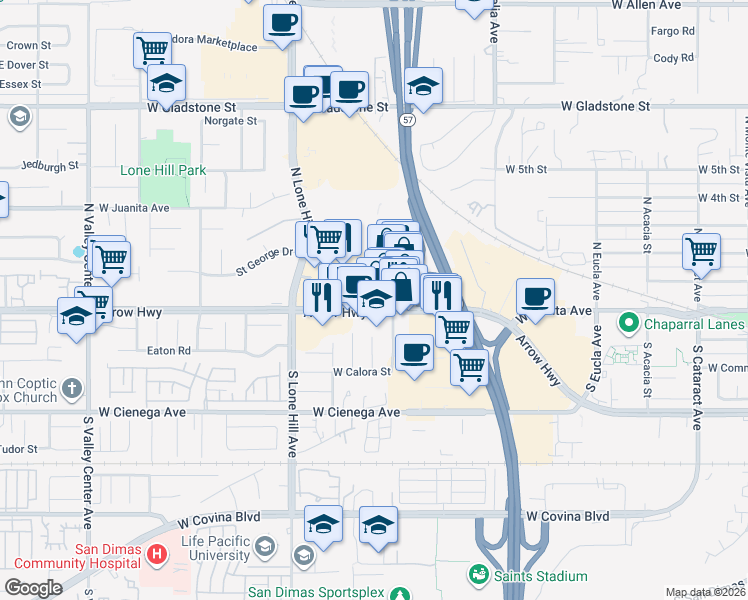 map of restaurants, bars, coffee shops, grocery stores, and more near 877 Arrow Highway in San Dimas