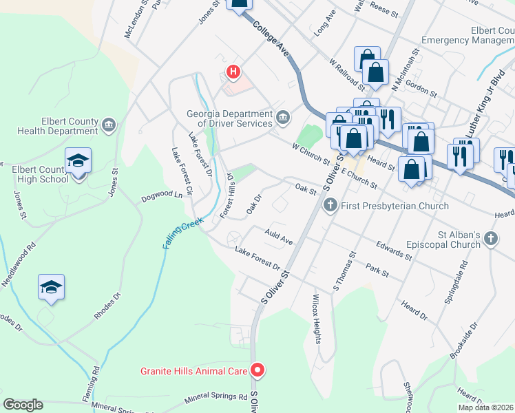 map of restaurants, bars, coffee shops, grocery stores, and more near 121 Oak Drive in Elberton
