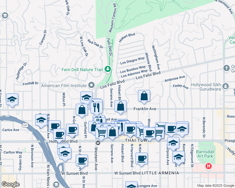 map of restaurants, bars, coffee shops, grocery stores, and more near 2007 North Hobart Boulevard in Los Angeles