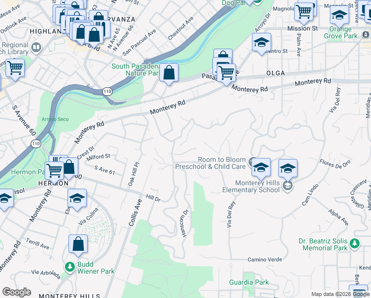 map of restaurants, bars, coffee shops, grocery stores, and more near 226 Warwick Avenue in South Pasadena