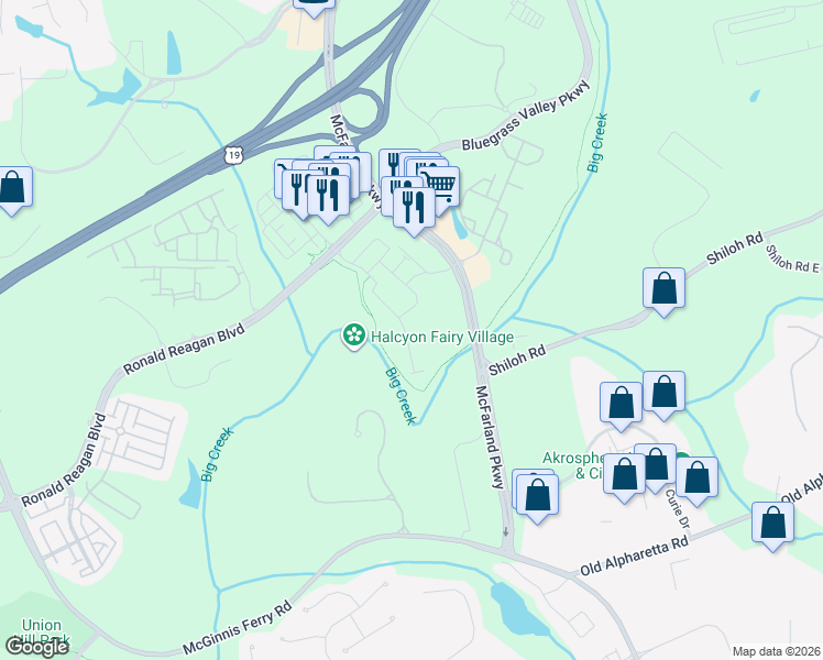 map of restaurants, bars, coffee shops, grocery stores, and more near 6370 Halcyon Garden Drive in Alpharetta