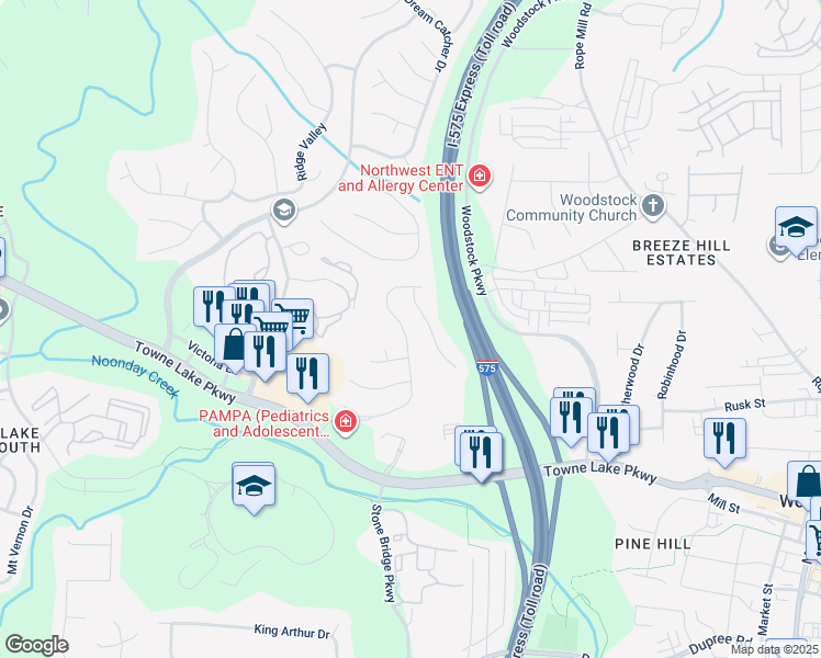 map of restaurants, bars, coffee shops, grocery stores, and more near 170 Stoneforest Drive in Woodstock