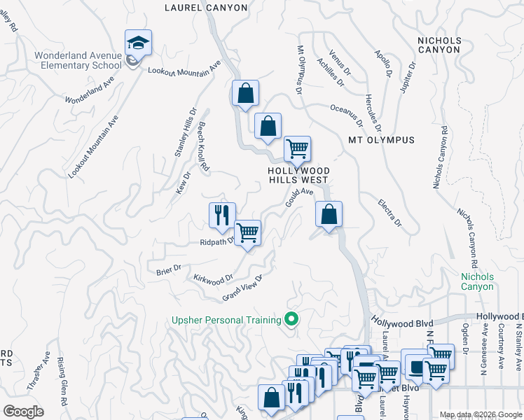 map of restaurants, bars, coffee shops, grocery stores, and more near 8215 Kirkwood Drive in Los Angeles