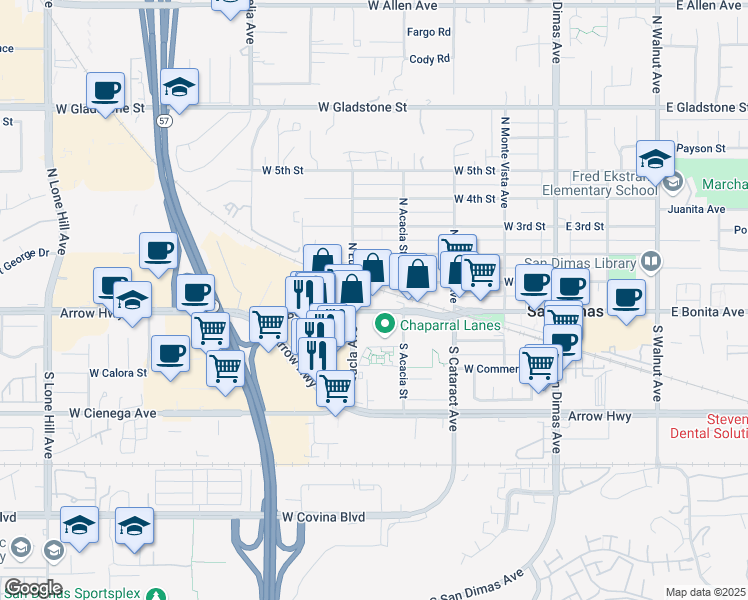 map of restaurants, bars, coffee shops, grocery stores, and more near 409 West Bonita Avenue in San Dimas