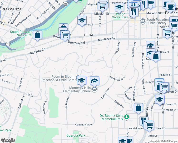 map of restaurants, bars, coffee shops, grocery stores, and more near 1520 Indiana Avenue in South Pasadena