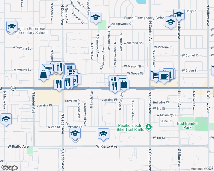 map of restaurants, bars, coffee shops, grocery stores, and more near 450 North Brierwood Avenue in Rialto