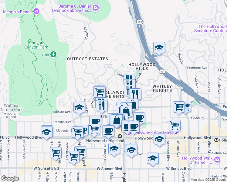 map of restaurants, bars, coffee shops, grocery stores, and more near 2002 Hillcrest Road in Los Angeles