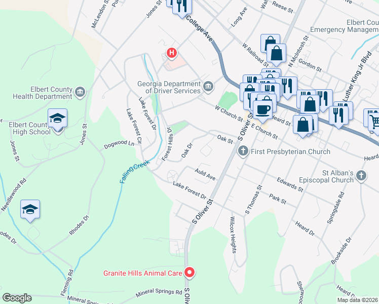 map of restaurants, bars, coffee shops, grocery stores, and more near 121 Oak Drive in Elberton
