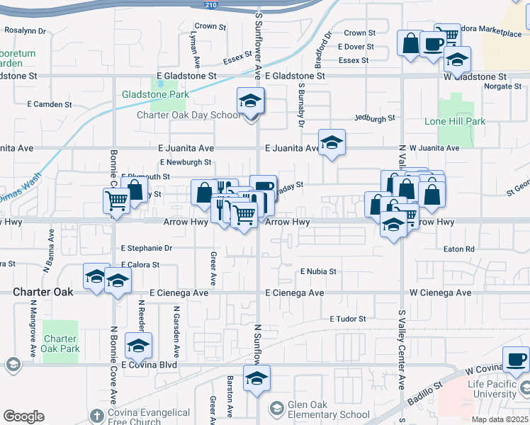 map of restaurants, bars, coffee shops, grocery stores, and more near 905 East Arrow Highway in Glendora