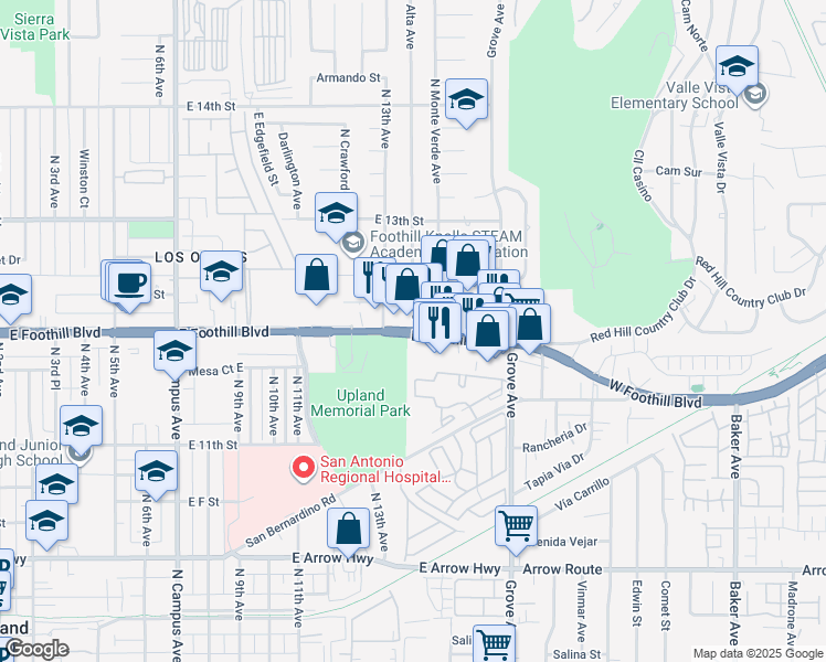 map of restaurants, bars, coffee shops, grocery stores, and more near 1330 Historic Route 66 in Upland