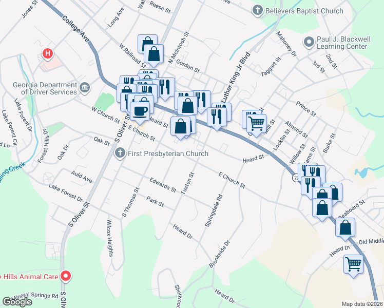 map of restaurants, bars, coffee shops, grocery stores, and more near 259 East Church Street in Elberton