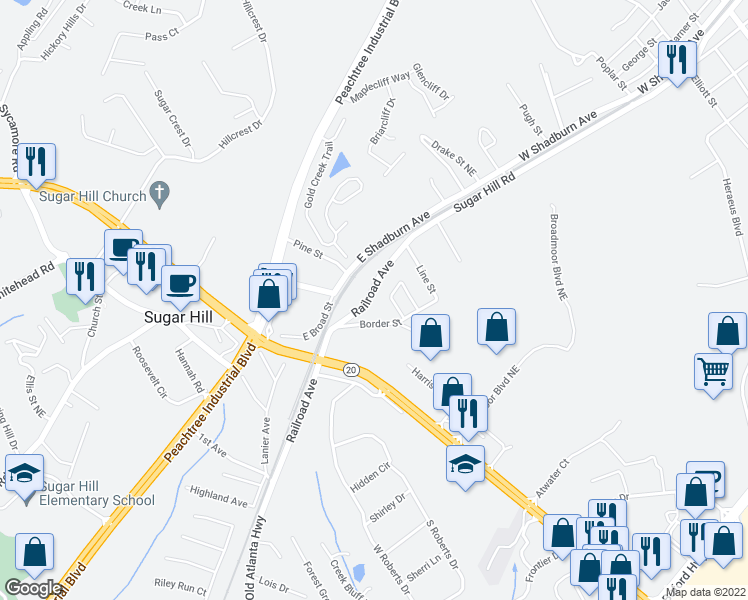 map of restaurants, bars, coffee shops, grocery stores, and more near 1447 Railroad Avenue in Sugar Hill