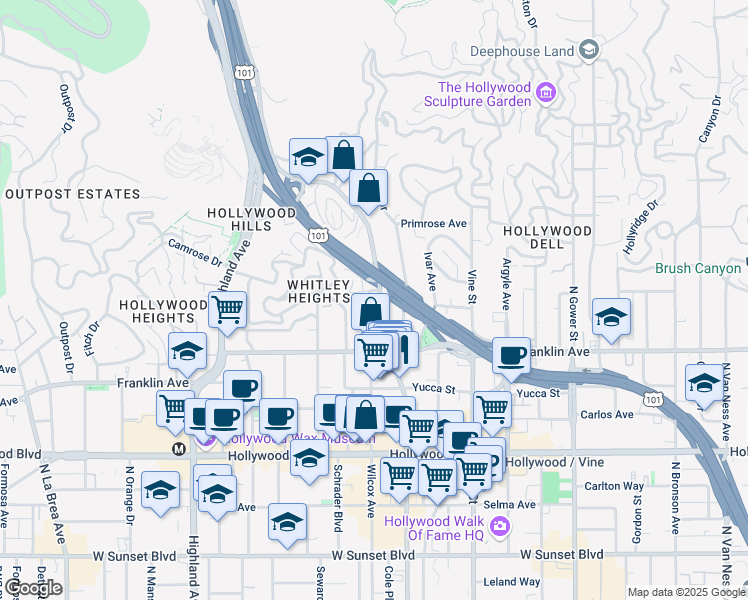 map of restaurants, bars, coffee shops, grocery stores, and more near 1963 North Cahuenga Boulevard in Los Angeles