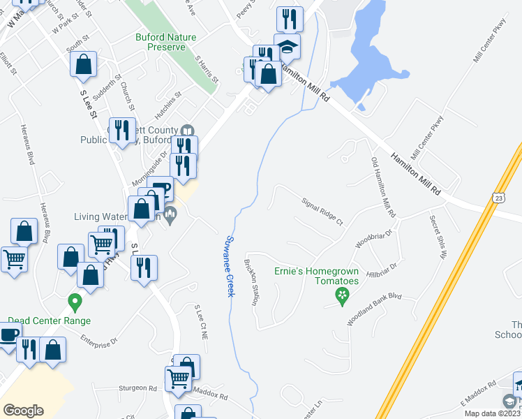map of restaurants, bars, coffee shops, grocery stores, and more near 4575 Signal Ridge Court in Buford