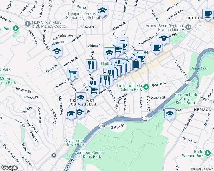 map of restaurants, bars, coffee shops, grocery stores, and more near 5241 North Figueroa Street in Los Angeles
