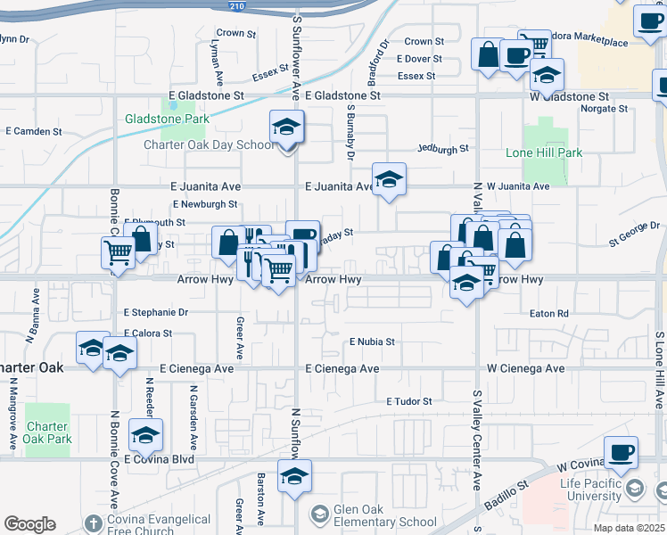 map of restaurants, bars, coffee shops, grocery stores, and more near 945 Wonder Lane in Glendora