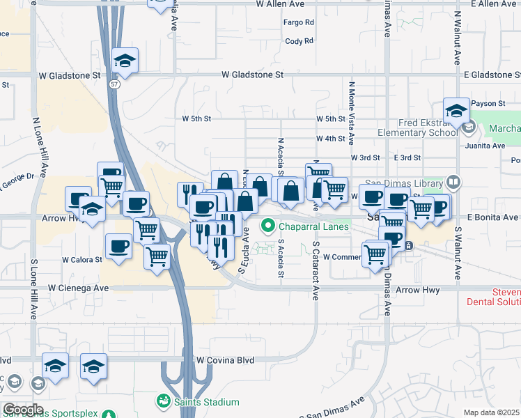 map of restaurants, bars, coffee shops, grocery stores, and more near 425 West Bonita Avenue in San Dimas