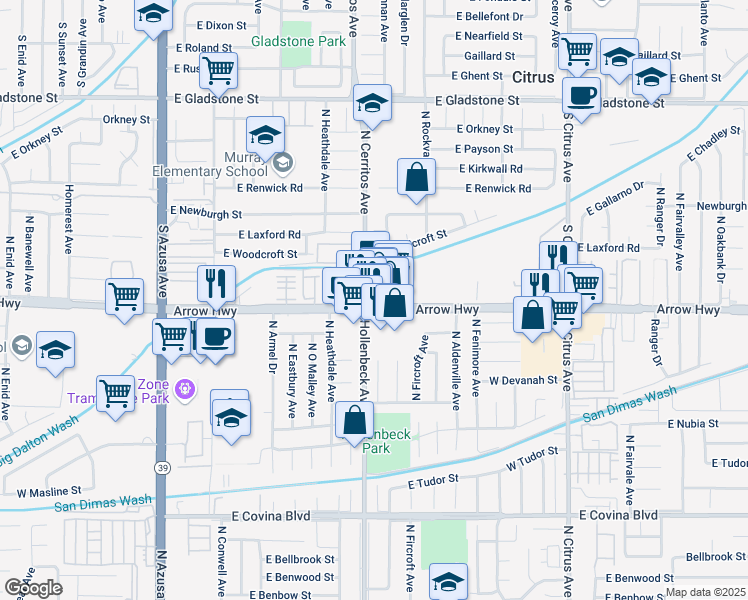 map of restaurants, bars, coffee shops, grocery stores, and more near 603 East Arrow Highway in Azusa