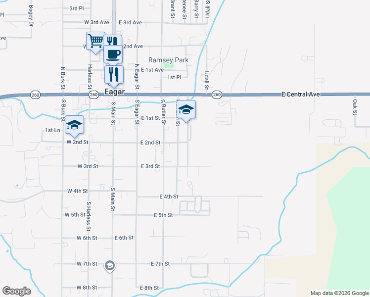map of restaurants, bars, coffee shops, grocery stores, and more near 212-222 Brown St in Eagar