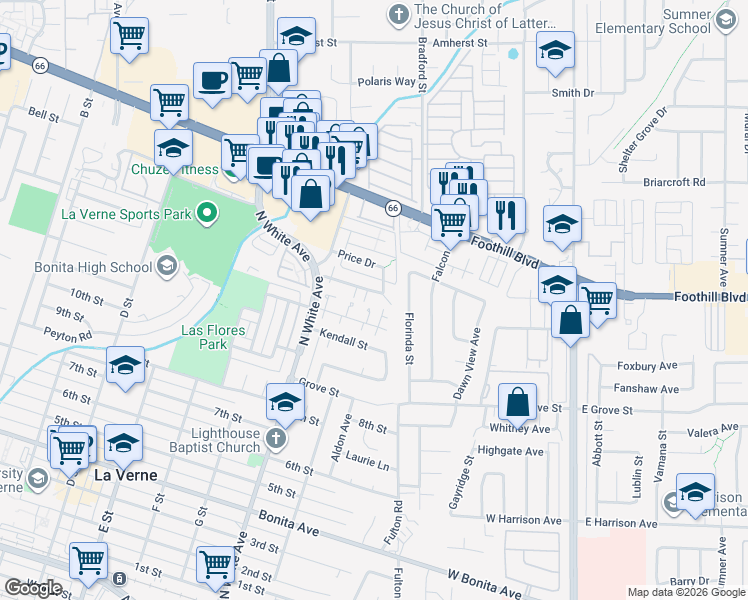 map of restaurants, bars, coffee shops, grocery stores, and more near 2625 College Lane in La Verne
