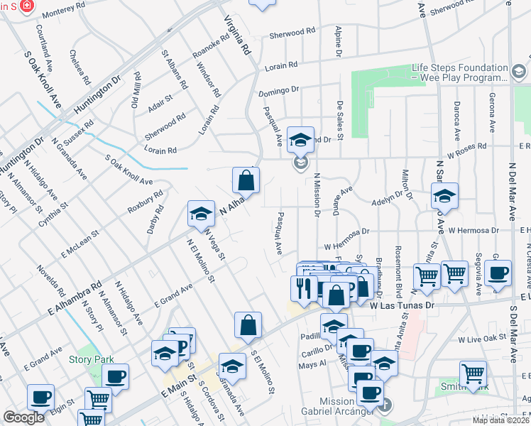 map of restaurants, bars, coffee shops, grocery stores, and more near 914 West Sycamore Drive in San Gabriel