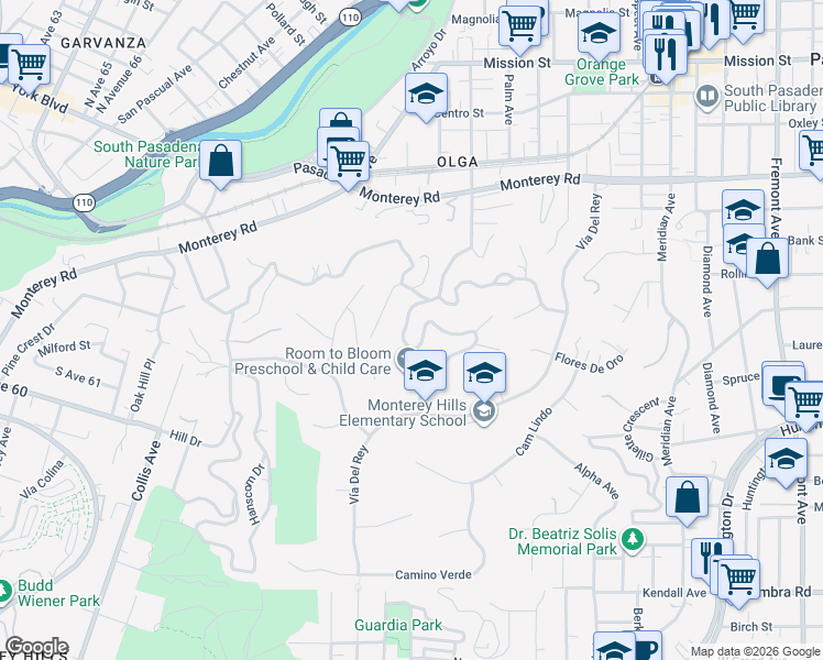 map of restaurants, bars, coffee shops, grocery stores, and more near 1478 Indiana Avenue in South Pasadena