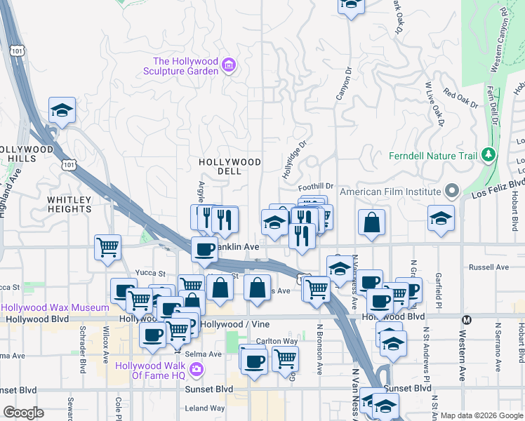 map of restaurants, bars, coffee shops, grocery stores, and more near 1962 North Beachwood Drive in Los Angeles