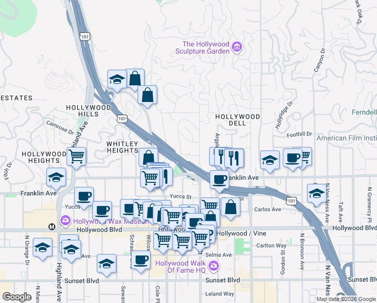 map of restaurants, bars, coffee shops, grocery stores, and more near 6323 Vedanta Terrace in Los Angeles