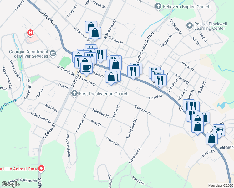 map of restaurants, bars, coffee shops, grocery stores, and more near 259 East Church Street in Elberton