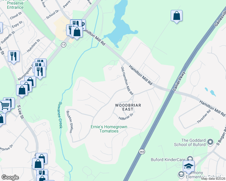 map of restaurants, bars, coffee shops, grocery stores, and more near 2250 Brickton Station in Buford