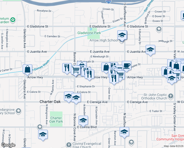 map of restaurants, bars, coffee shops, grocery stores, and more near 625 East Arrow Highway in Glendora