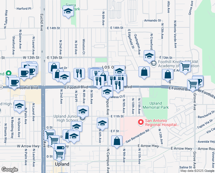 map of restaurants, bars, coffee shops, grocery stores, and more near 698 West Foothill Boulevard in Upland