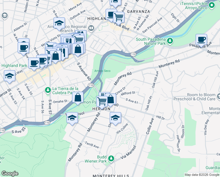 map of restaurants, bars, coffee shops, grocery stores, and more near 6117 Monterey Road in Los Angeles