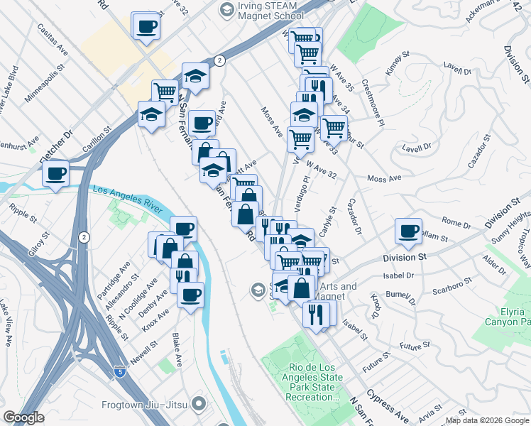 map of restaurants, bars, coffee shops, grocery stores, and more near 2426 West Avenue 30 in Los Angeles