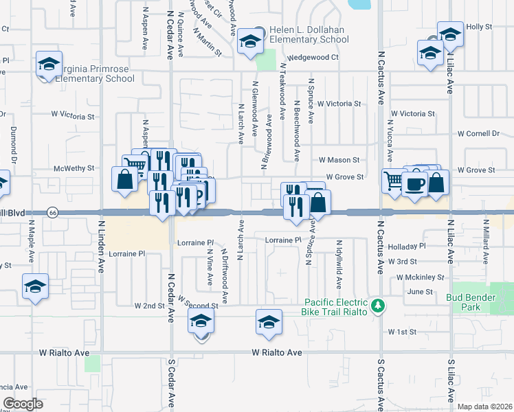 map of restaurants, bars, coffee shops, grocery stores, and more near 1061 West Clover Avenue in Rialto
