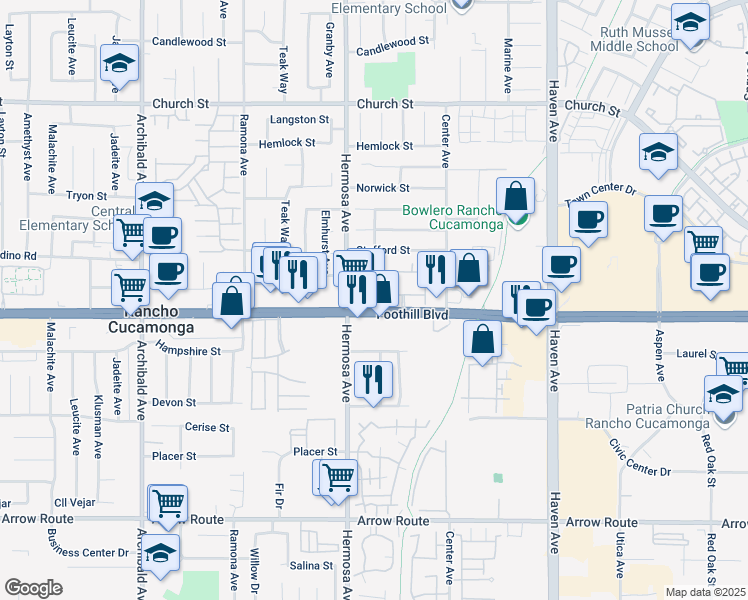 map of restaurants, bars, coffee shops, grocery stores, and more near 10150 West Historic Route 66 in Rancho Cucamonga