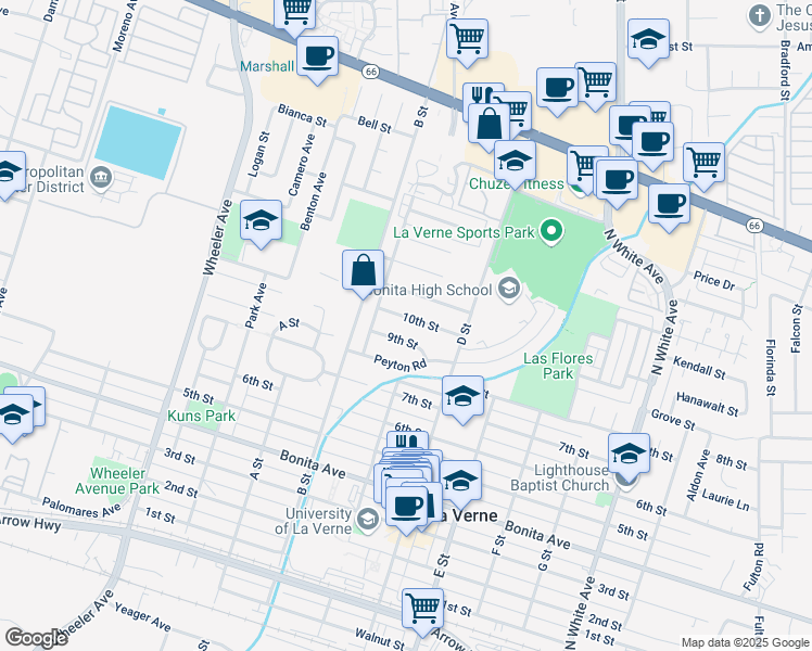 map of restaurants, bars, coffee shops, grocery stores, and more near 1982 10th Street in La Verne