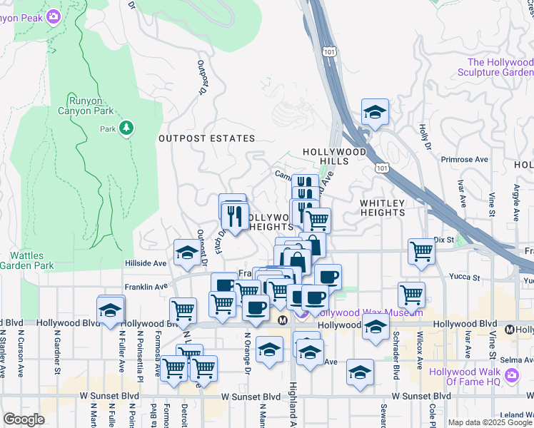map of restaurants, bars, coffee shops, grocery stores, and more near 2002 Hillcrest Road in Los Angeles