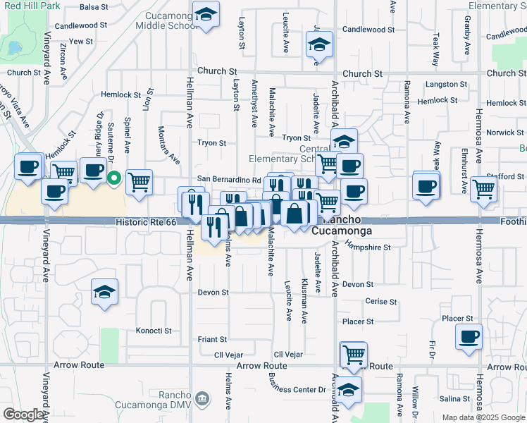 map of restaurants, bars, coffee shops, grocery stores, and more near 9497 Jack Rabbit Drive in Rancho Cucamonga