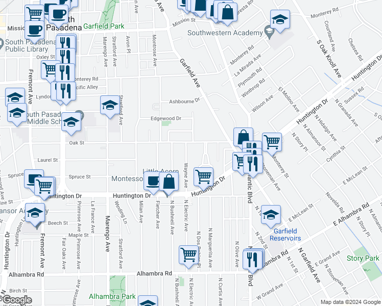 map of restaurants, bars, coffee shops, grocery stores, and more near 1618 Wayne Avenue in South Pasadena