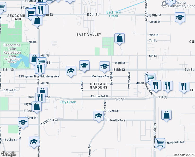 map of restaurants, bars, coffee shops, grocery stores, and more near 24615 Monterey Avenue in San Bernardino