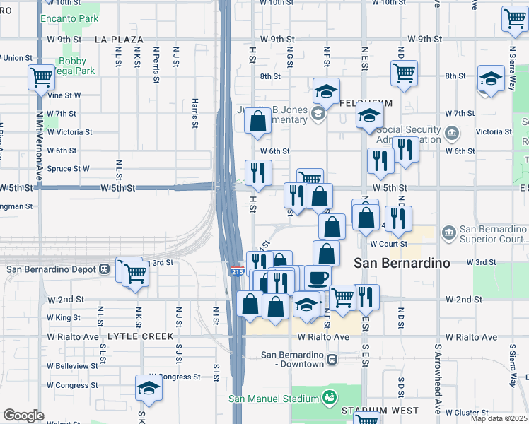 map of restaurants, bars, coffee shops, grocery stores, and more near 451 North H Street in San Bernardino