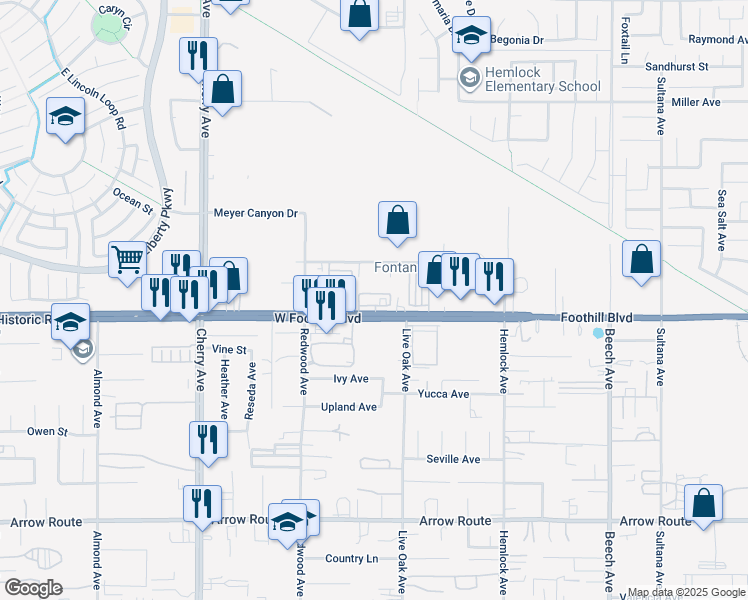 map of restaurants, bars, coffee shops, grocery stores, and more near 14838 Foothill Boulevard in Fontana