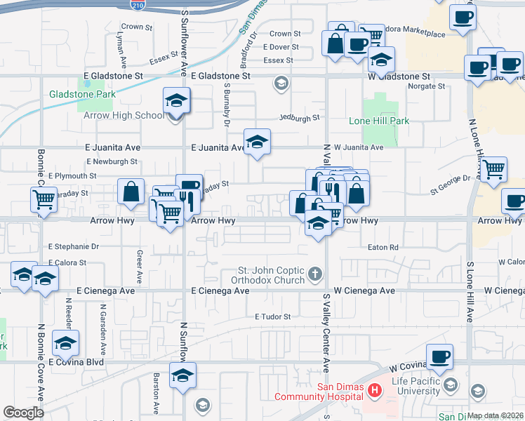map of restaurants, bars, coffee shops, grocery stores, and more near 1103 Strawberry Lane in Glendora