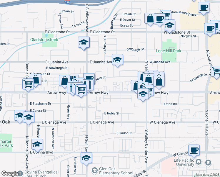map of restaurants, bars, coffee shops, grocery stores, and more near 1033 East Arrow Highway in Glendora