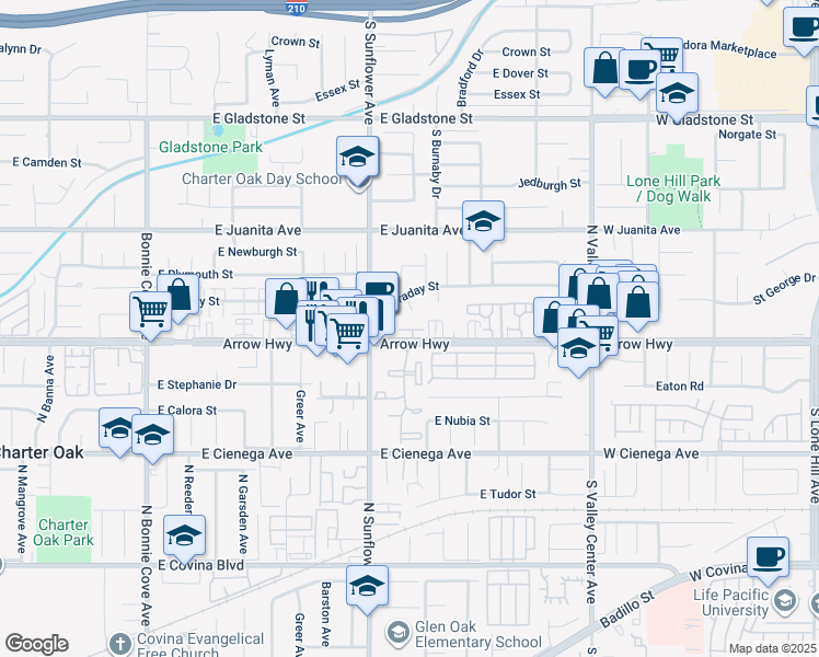 map of restaurants, bars, coffee shops, grocery stores, and more near 929 East Arrow Highway in Glendora