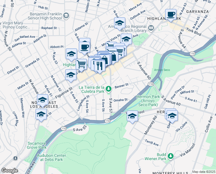 map of restaurants, bars, coffee shops, grocery stores, and more near 206 South Avenue 57 in Los Angeles