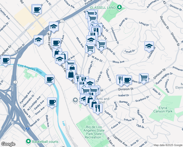 map of restaurants, bars, coffee shops, grocery stores, and more near 2341 West Avenue 31 in Los Angeles
