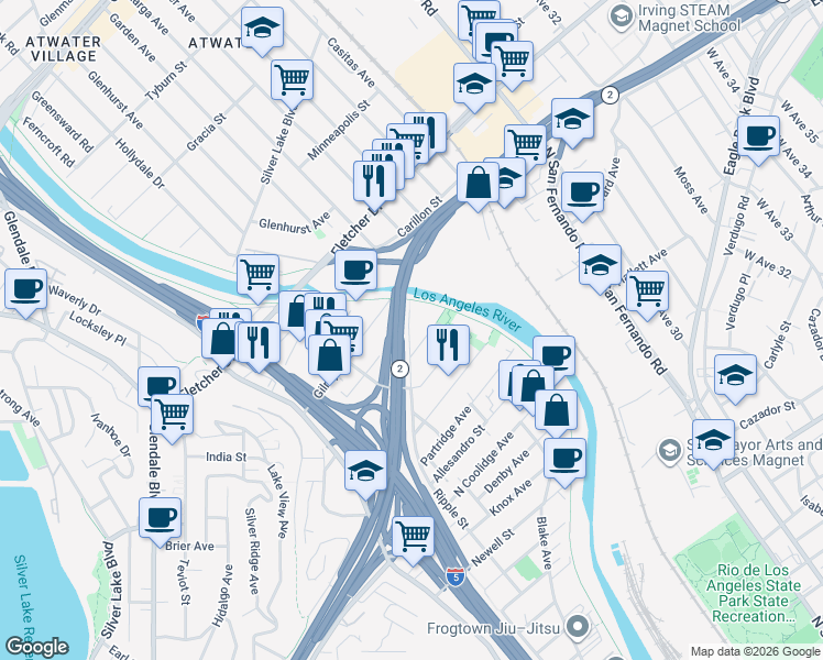 map of restaurants, bars, coffee shops, grocery stores, and more near 2950 Ripple Place in Los Angeles